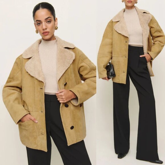 NWT Reformation Veda Luca Suede Shearling Coat In Parmesan Suede Relaxed Fit XS